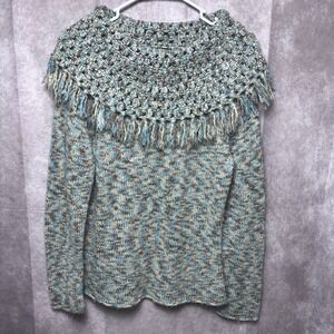Women's Spanner Crochet Fringe Sweater Cowl Neck Size XL Winter Blue Tan‎ Gray